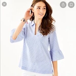 Lilly Pulitzer Ginger Top Blue Peri Tint Stripe Swiss Dot Flounce Sleeve Blouse